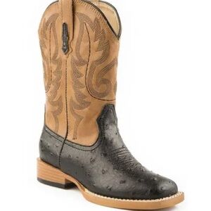 ROPER KIDS BLACK OSTRICH PRINT WITH TAN SQUARE TOE COWBOY BOOT